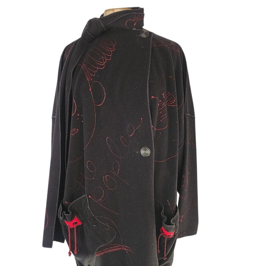 80s Black Slouch Coat Black Wool Red Graphics by Phobeau