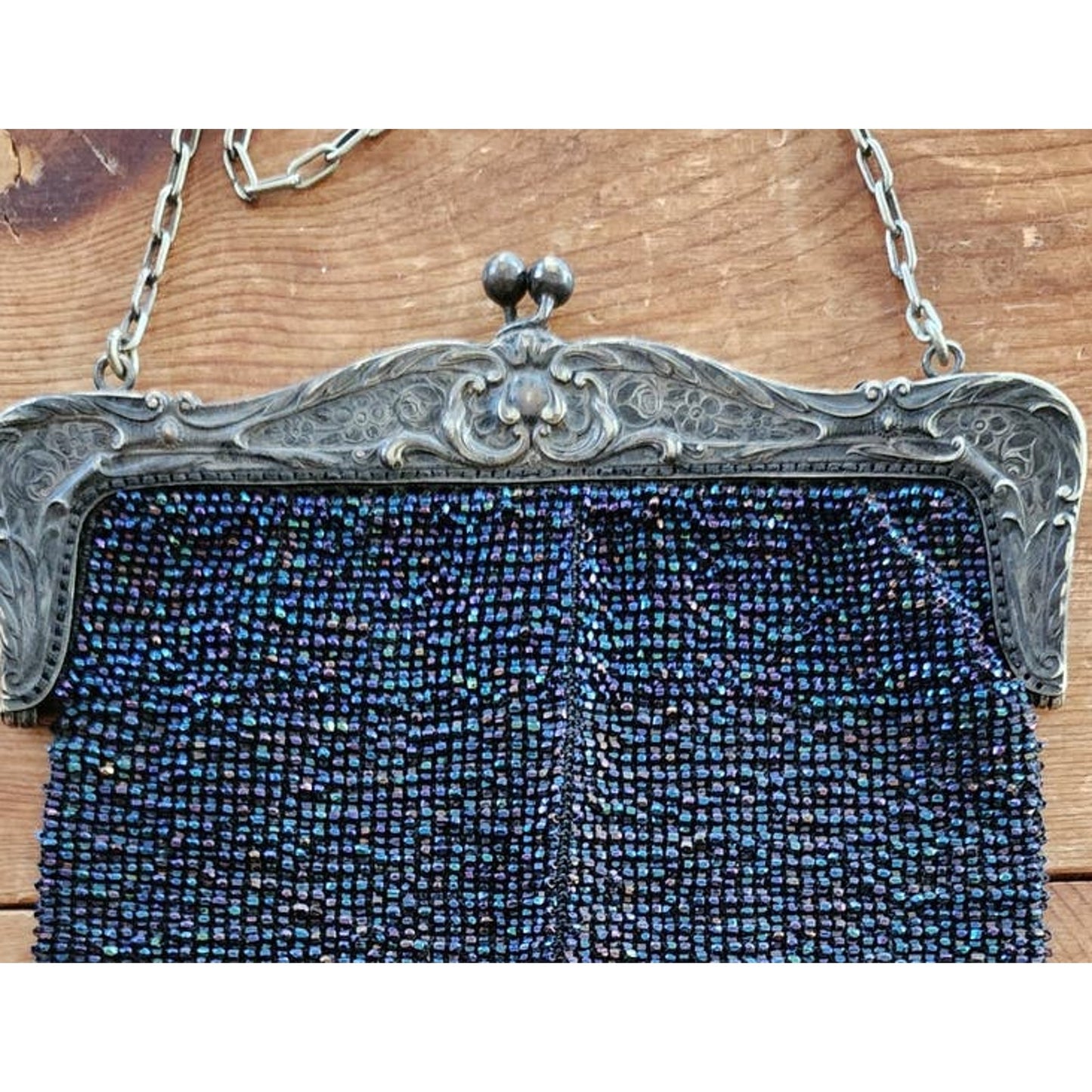 Edwardian Beaded Evening Bag Navy Blue Glass Microbeading