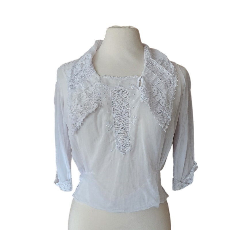 Antique Edwardian Blouse White Cotton Lace Embroidery Sailor Collar / S