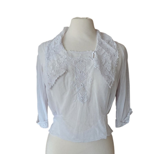 Antique Edwardian Blouse White Cotton Lace Embroidery Sailor Collar / S