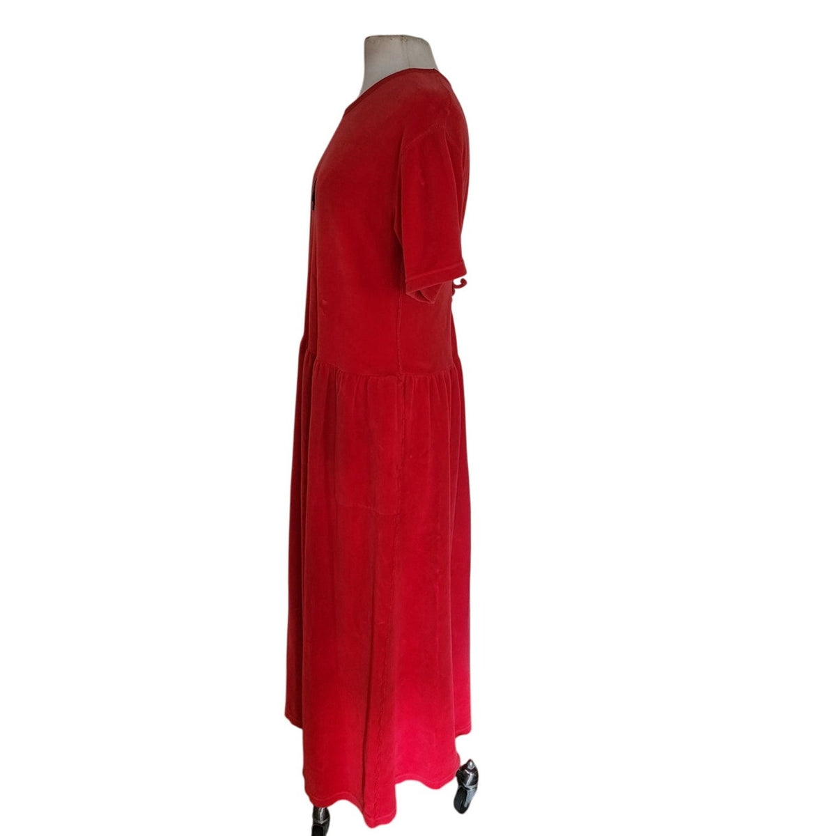 Vintage 1990s Velour Dress Red Sonia Rykiel Midi Drop Waist Embroidered Logo Emblem