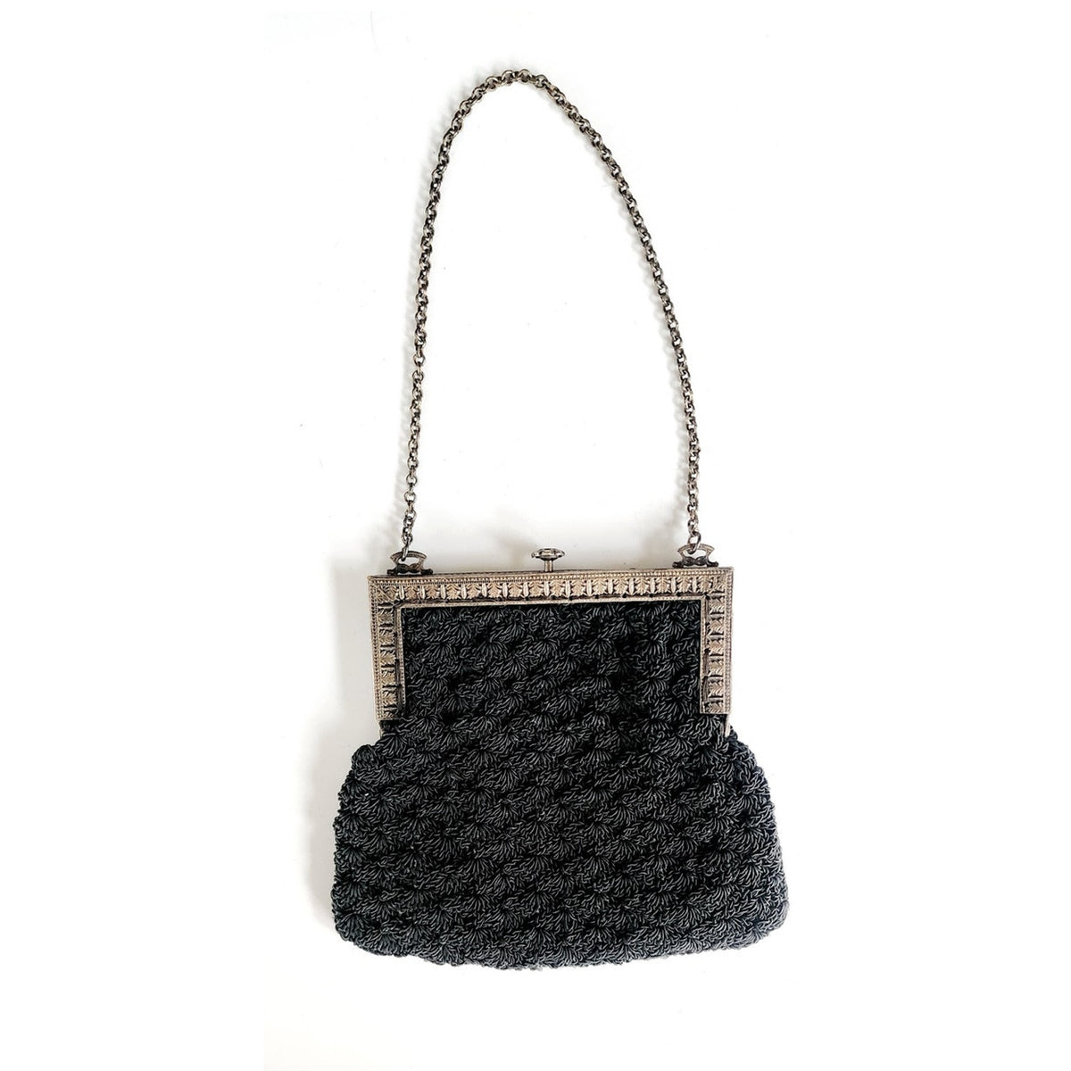 Antique Evening Bag Edwardian Purse Black Crochet Silver Etched Frame 1900s