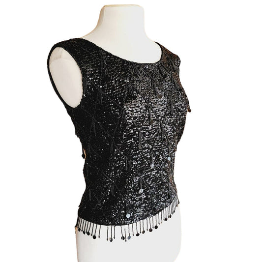 Vintage 60s Black Beaded Shell Top Dressy Sleeveless