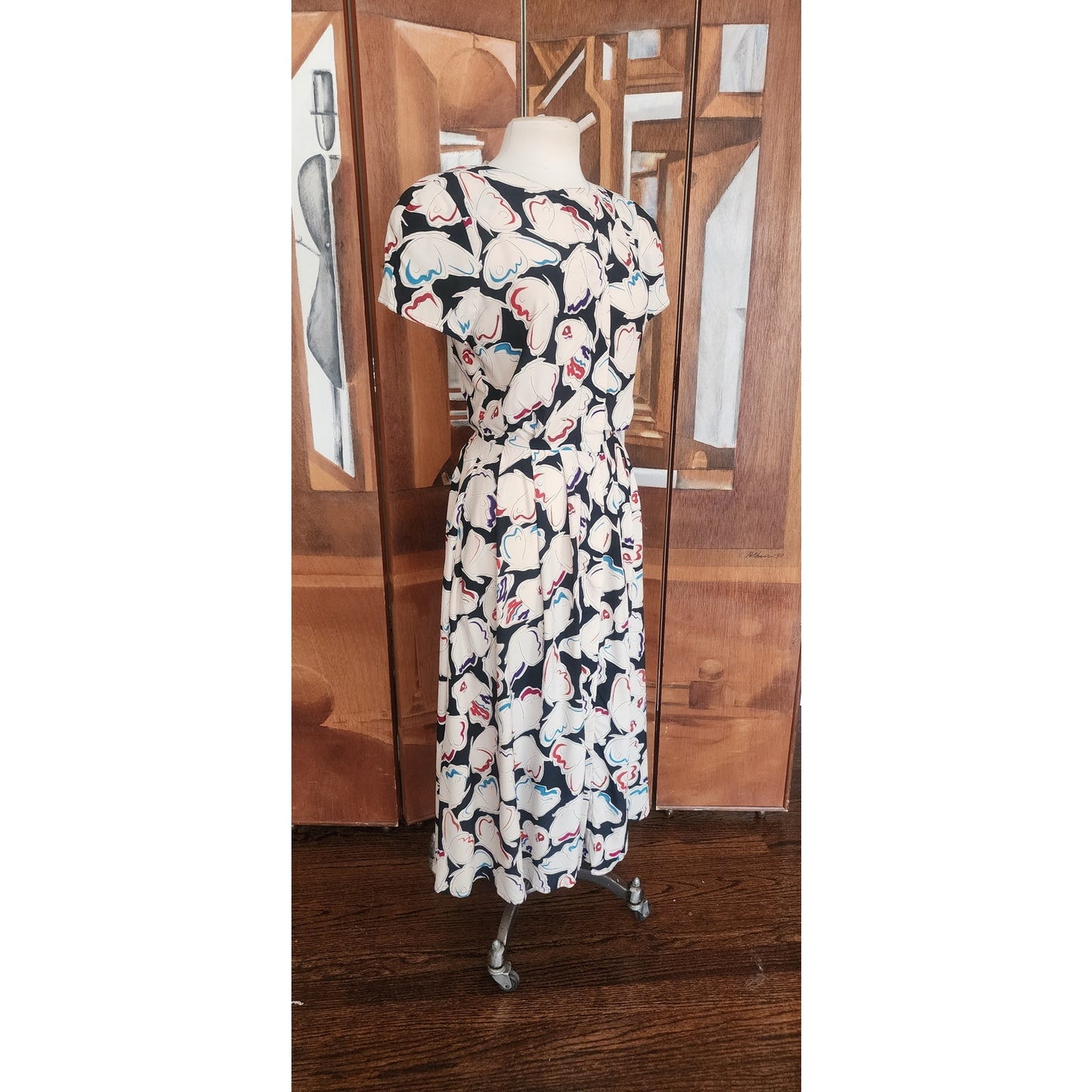 Vintage 1980s Krizia Dress Silk Puff Sleeve Open Back Geometric Abstract Midi