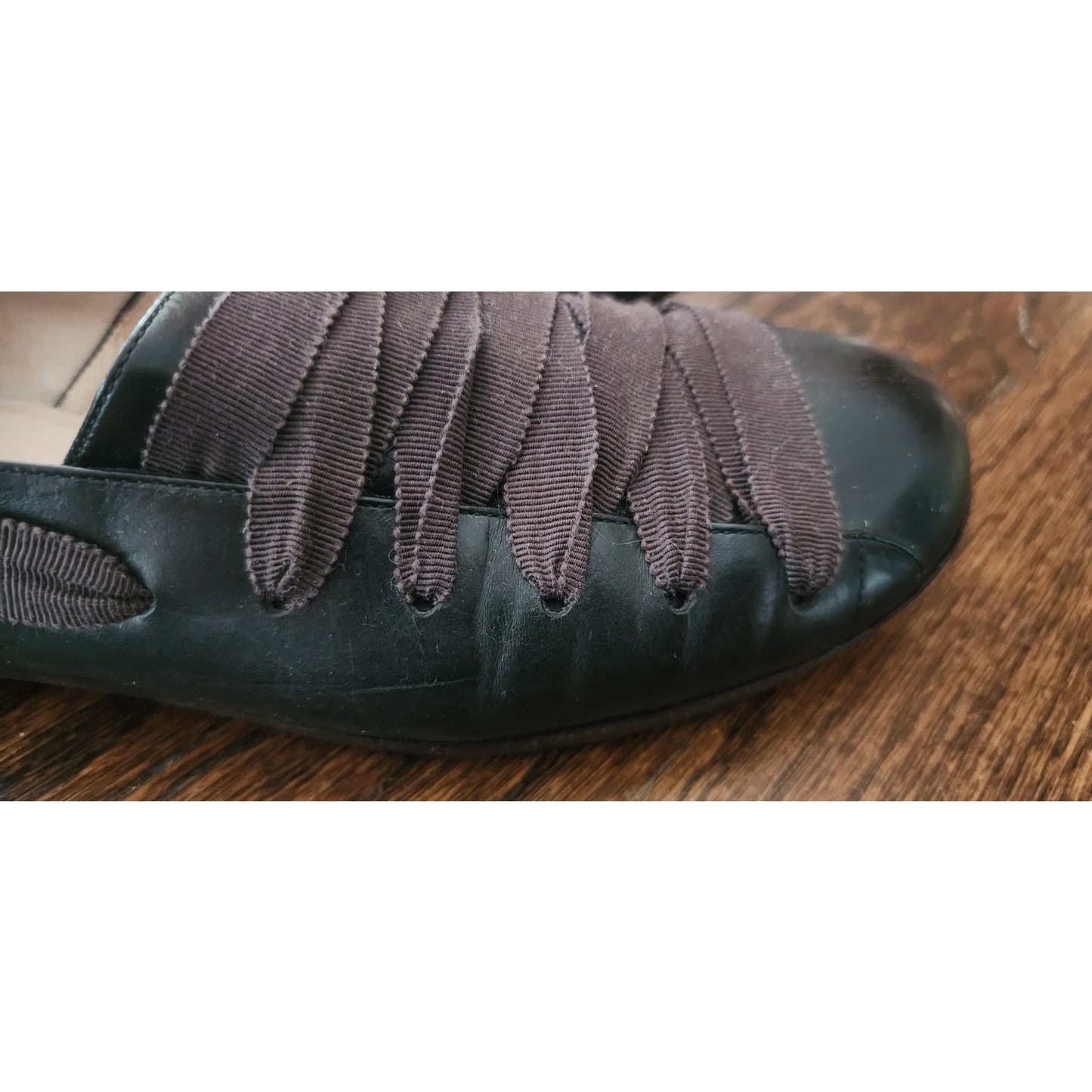 Vintage 1990s Dries Van Noten Shoes Black Leather Ballerina Flats Crisscross Ribbon Straps 39