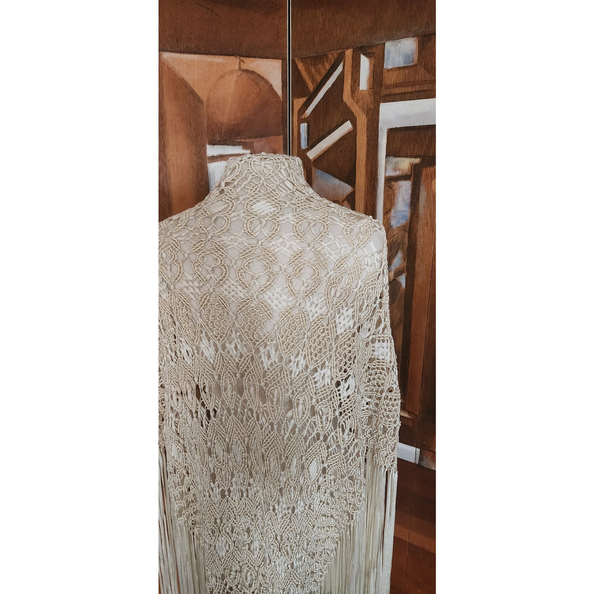 Vintage Cream Crochet Lace Piano Shawl Oversized Macrame Silk Ribbon Wrap Fringed