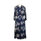 Vintage 1940s Dress Blue Rayon Novelty Print Midi Button Down Belted Shirtdress