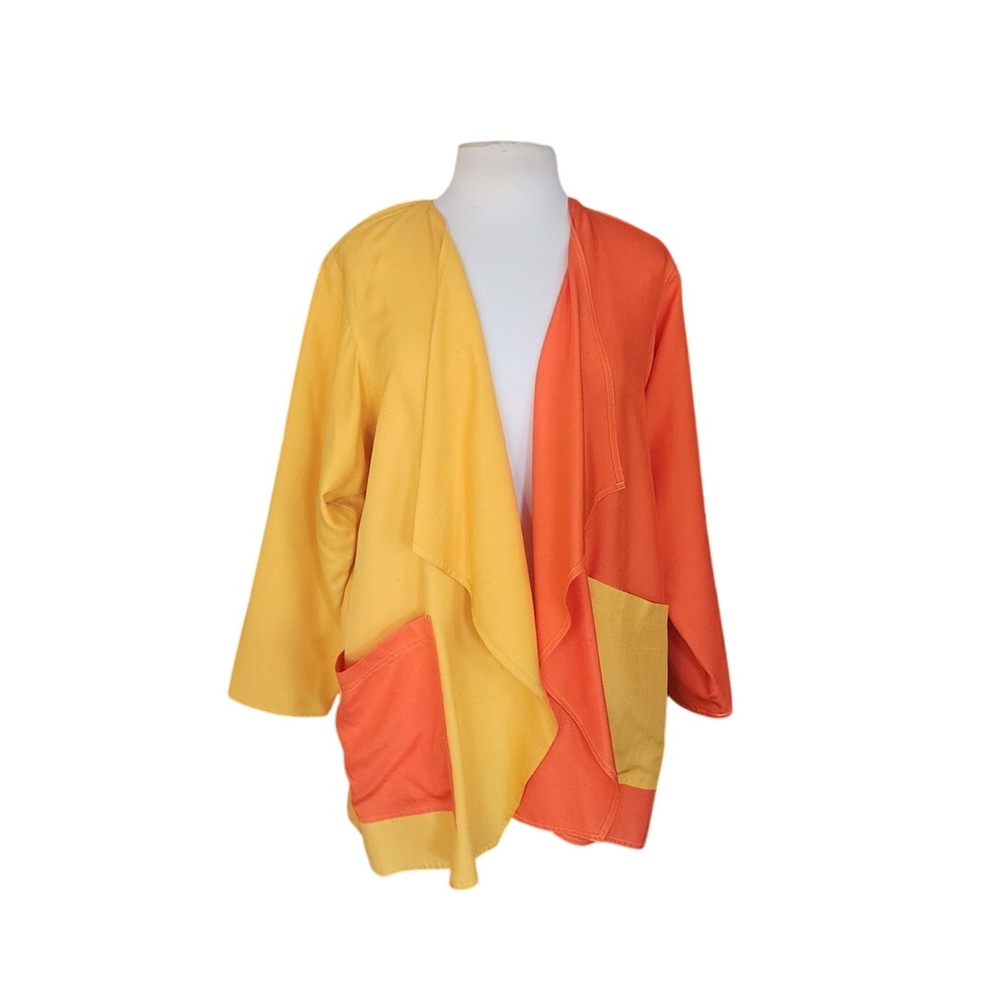 VTG 90s Duster Jacket Silk Yellow Orange Colorblock Blazer Victoria March Chicago