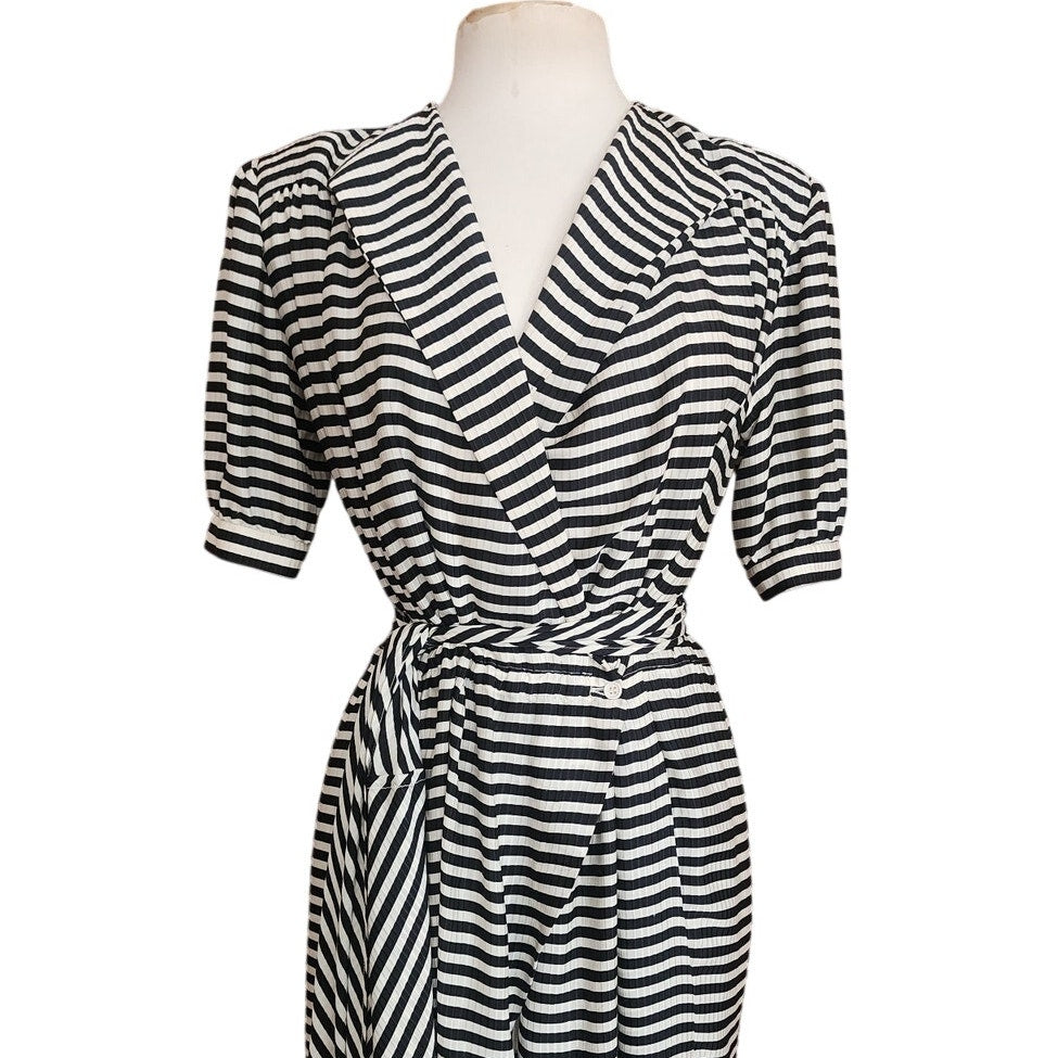 Vintage 1980s Archival Armani Dress Silk Striped Wrap Midi  White Label IT 38