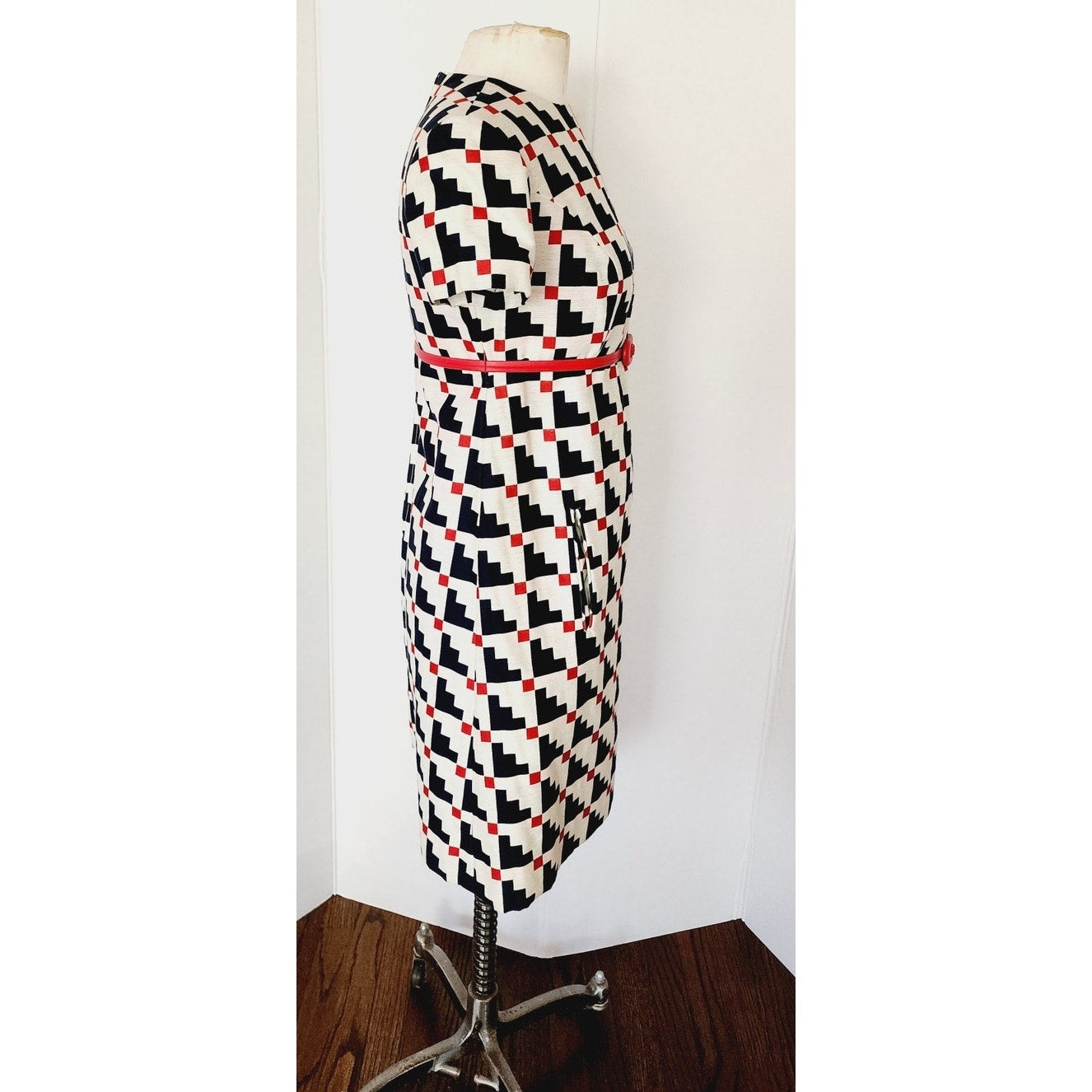 Vintage 60s Mod Dress Suit / Coat Set Geometric Print Navy Blue Red White