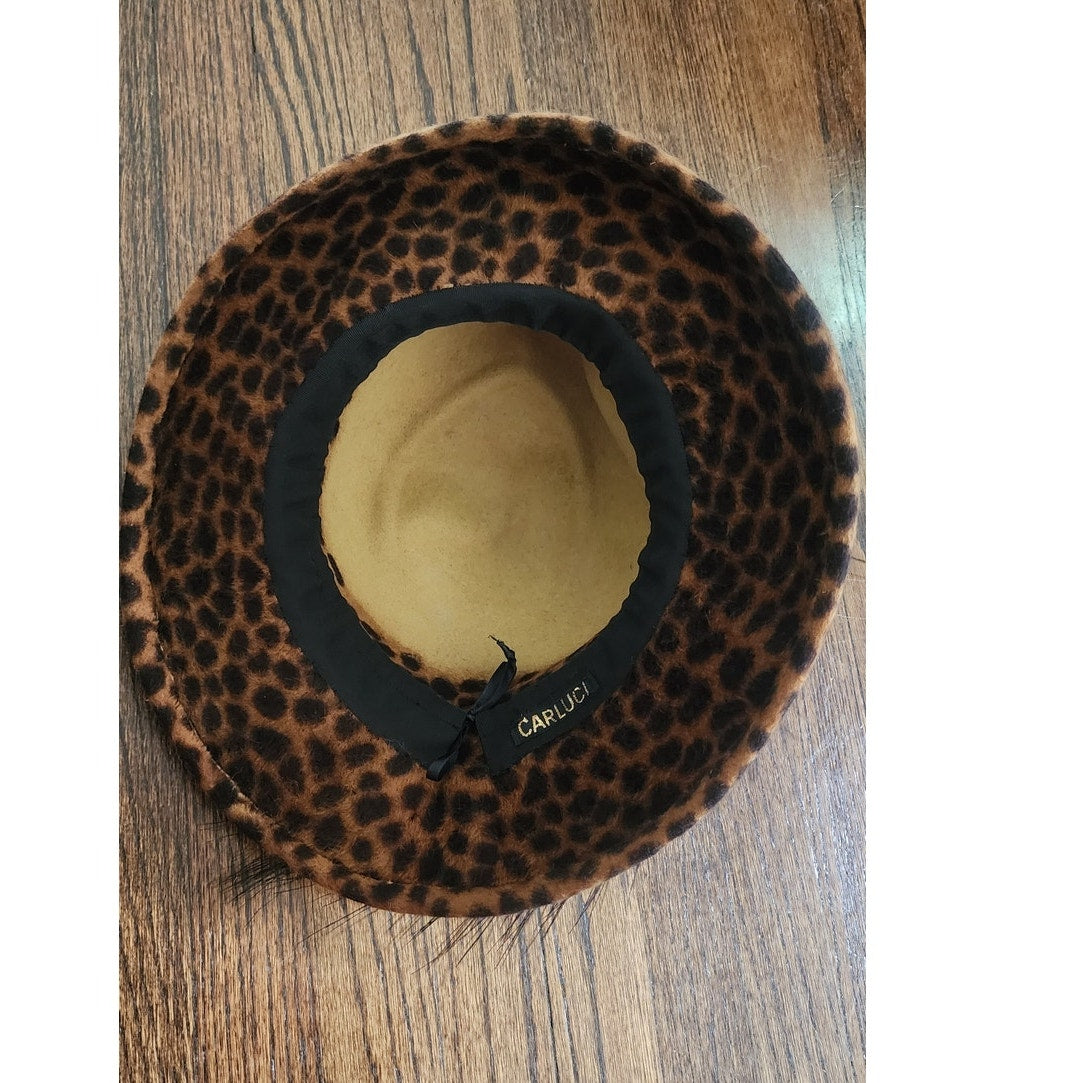Vintage Y2K Carluci Millinery Animal Print Hat Wide Brimmed w/Bow & Feathers