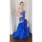 Morilee Strapless Blue Evening Dress Mermaid Ruffled Skirt Beaded Torso