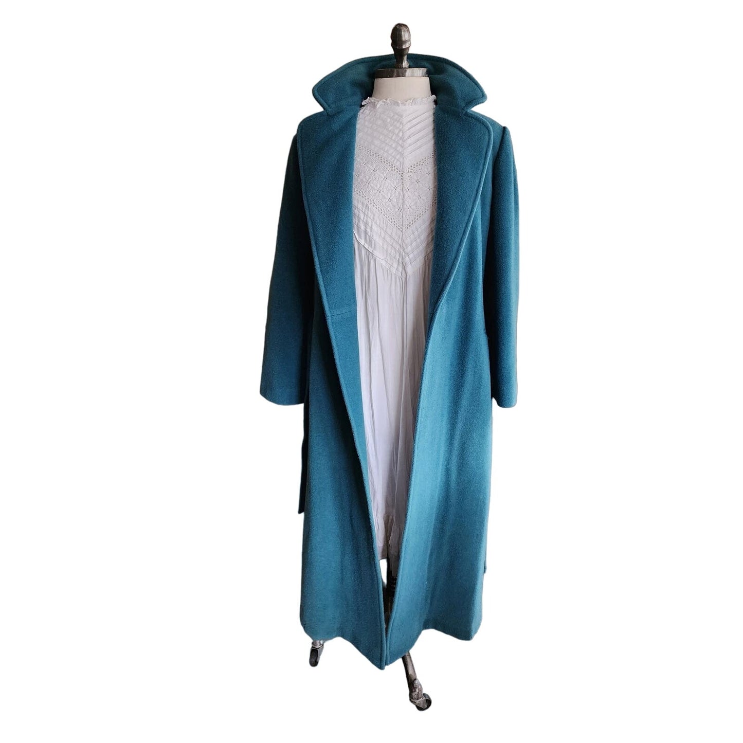 Vintage 80s Blue Wool Coat, Belted, Rosewin