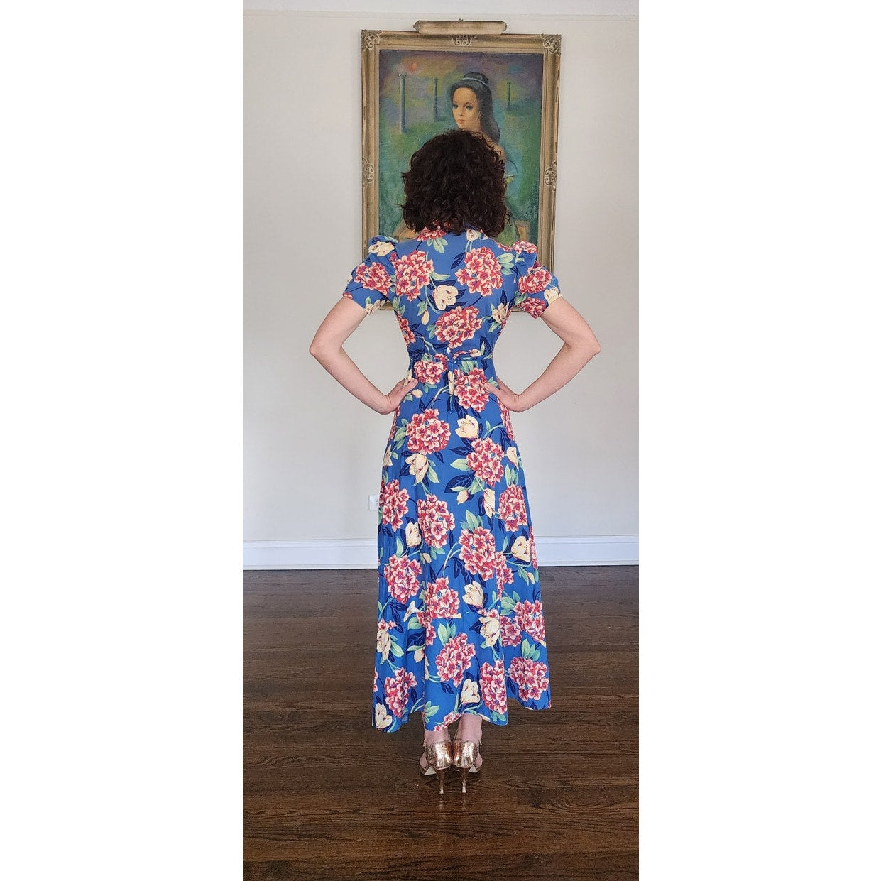 Vintage 30s Blue Floral House Dress Maxi Lounger Puff Sleeve Zip Front XS