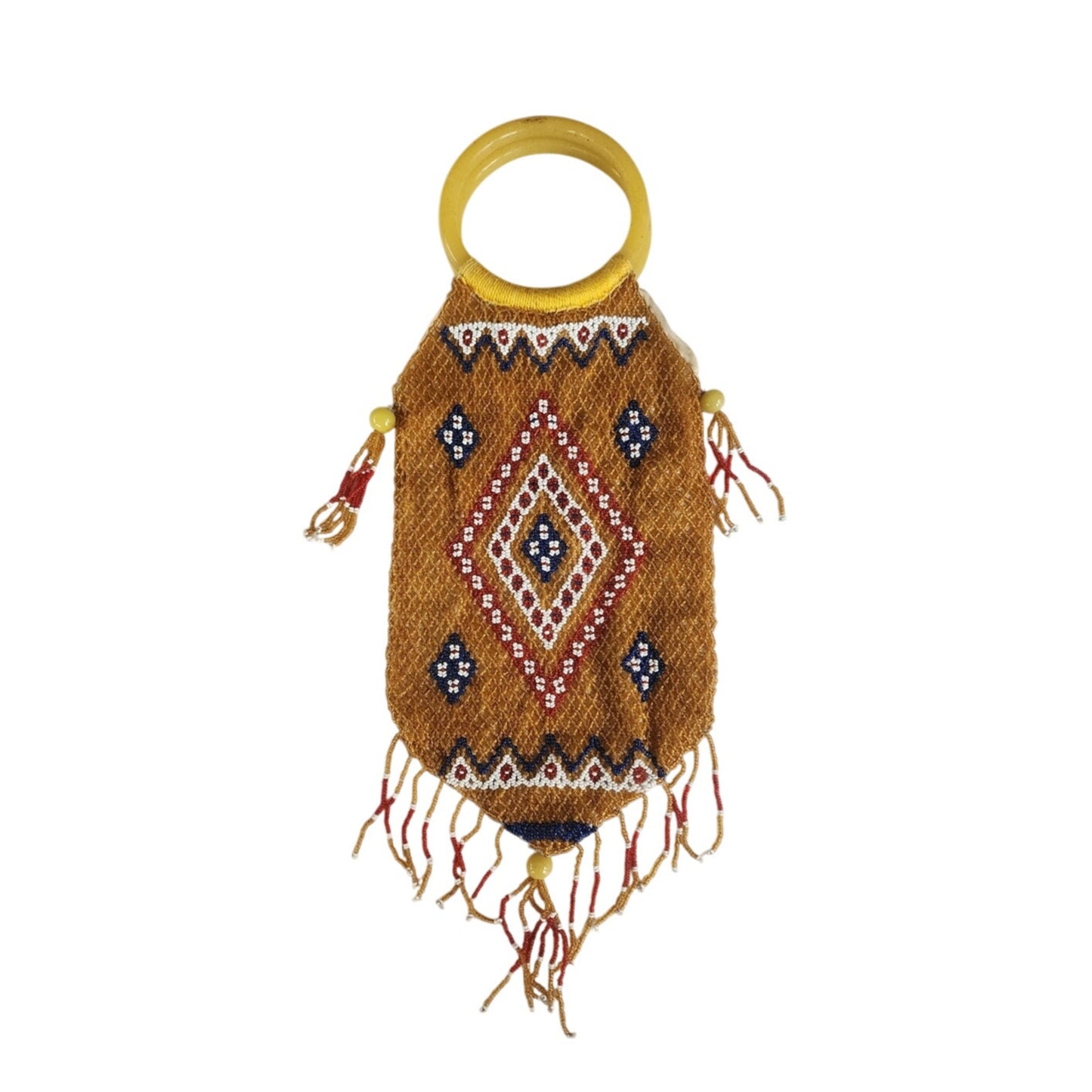 Antique Chinese Glass Bead Bag w/Glass Ring Handles 1890 - 1930