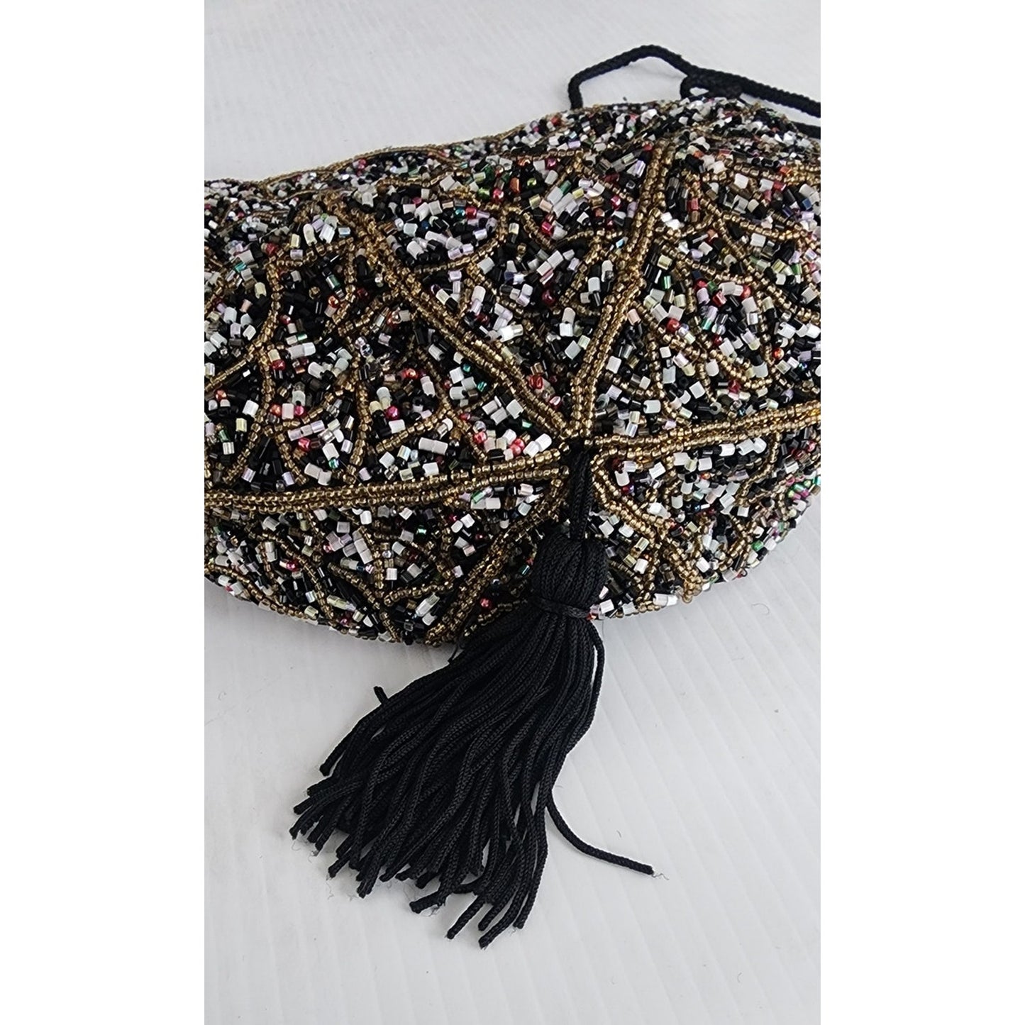 Vintage Beaded Evening Bag Black Silk Drawstring Crossbody Purse