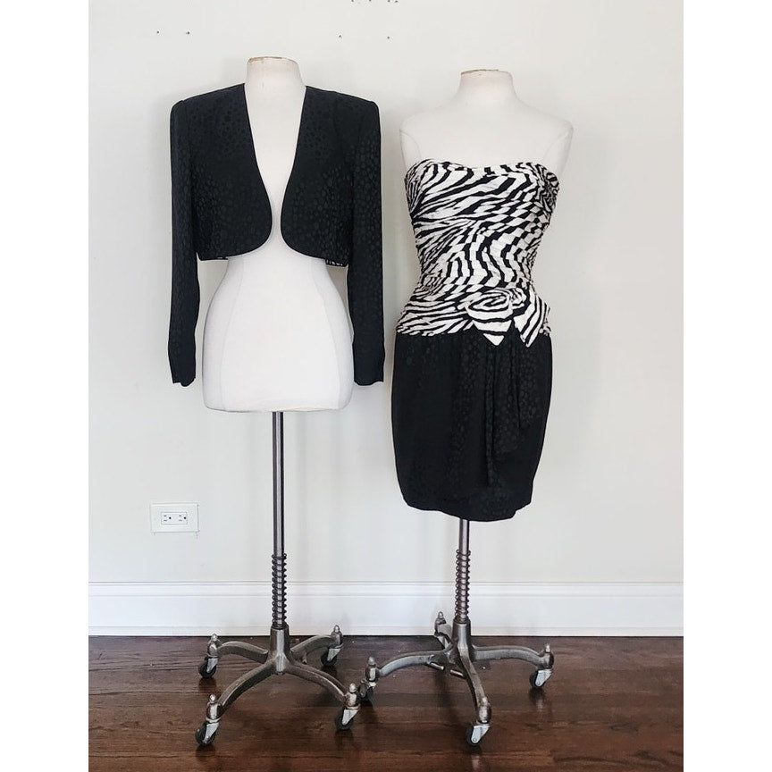 Vintage 1980s AJ Bari Strapless Dress + Bolero Jacket Suit Set Zebra Print Black White Silk / M