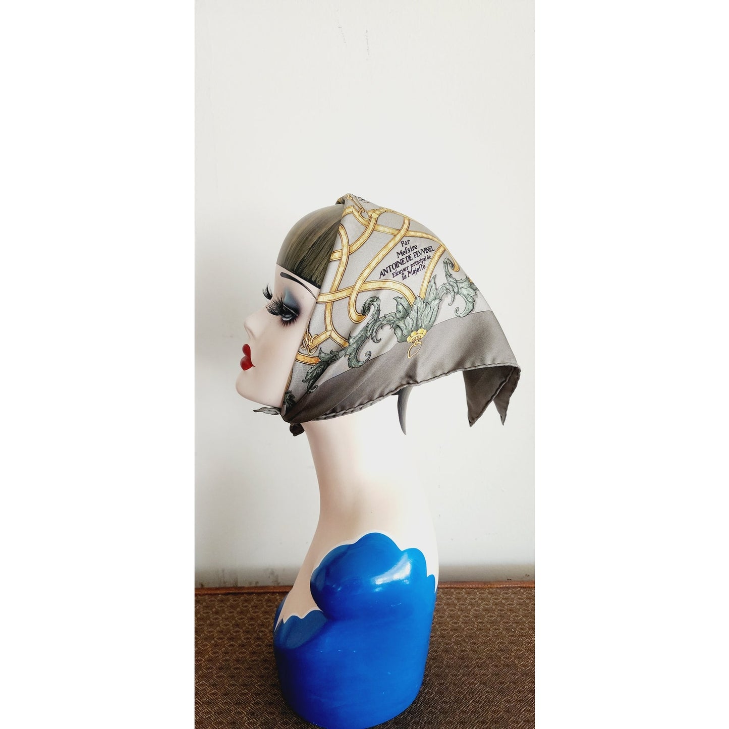 Vintage 90s Hermes Silk Scarf Equestrian Carre 90 Gray Gold l'Instruction du Roy