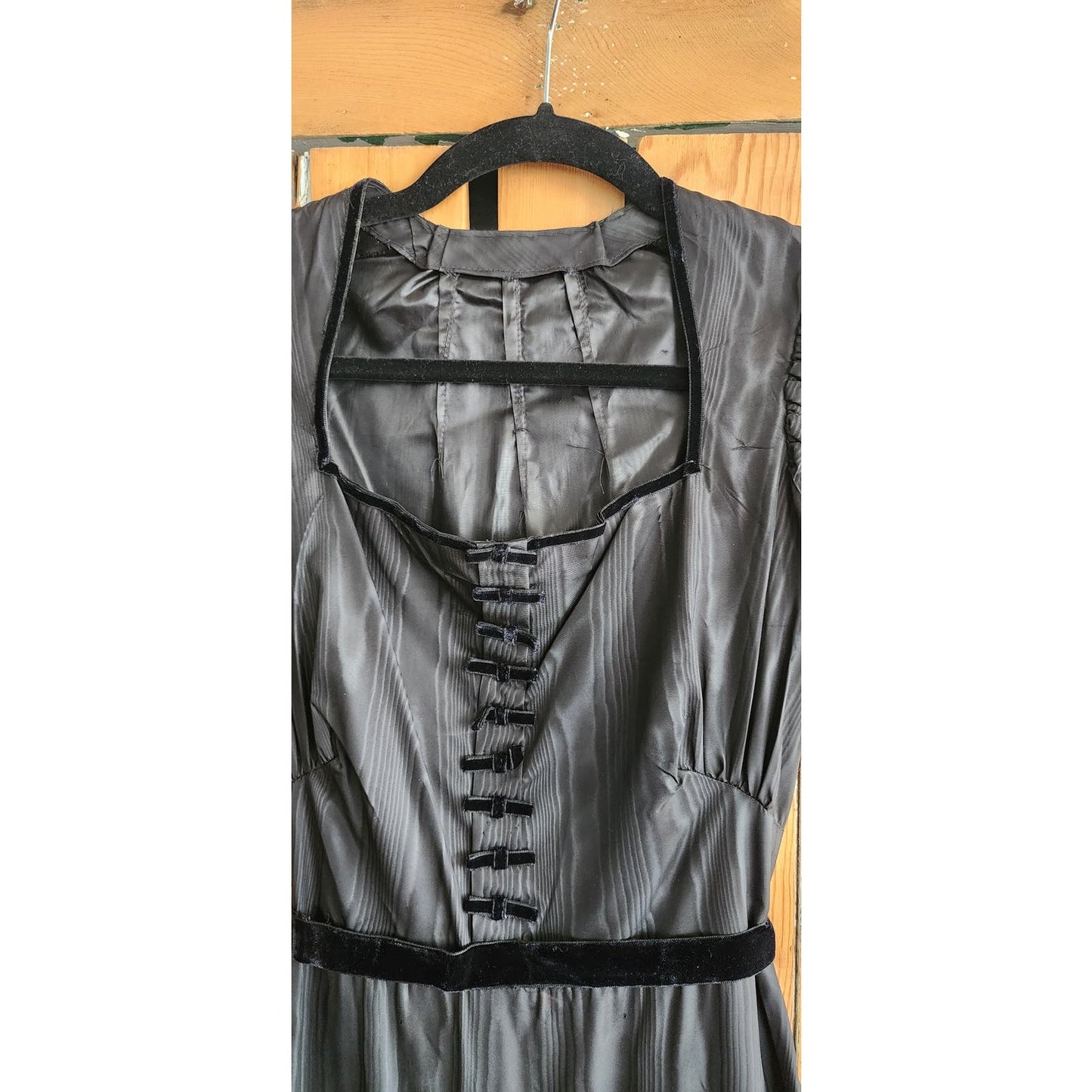 Vintage 30s Black Evening Dress Waterfall Taffeta Short Puffed Sleeves