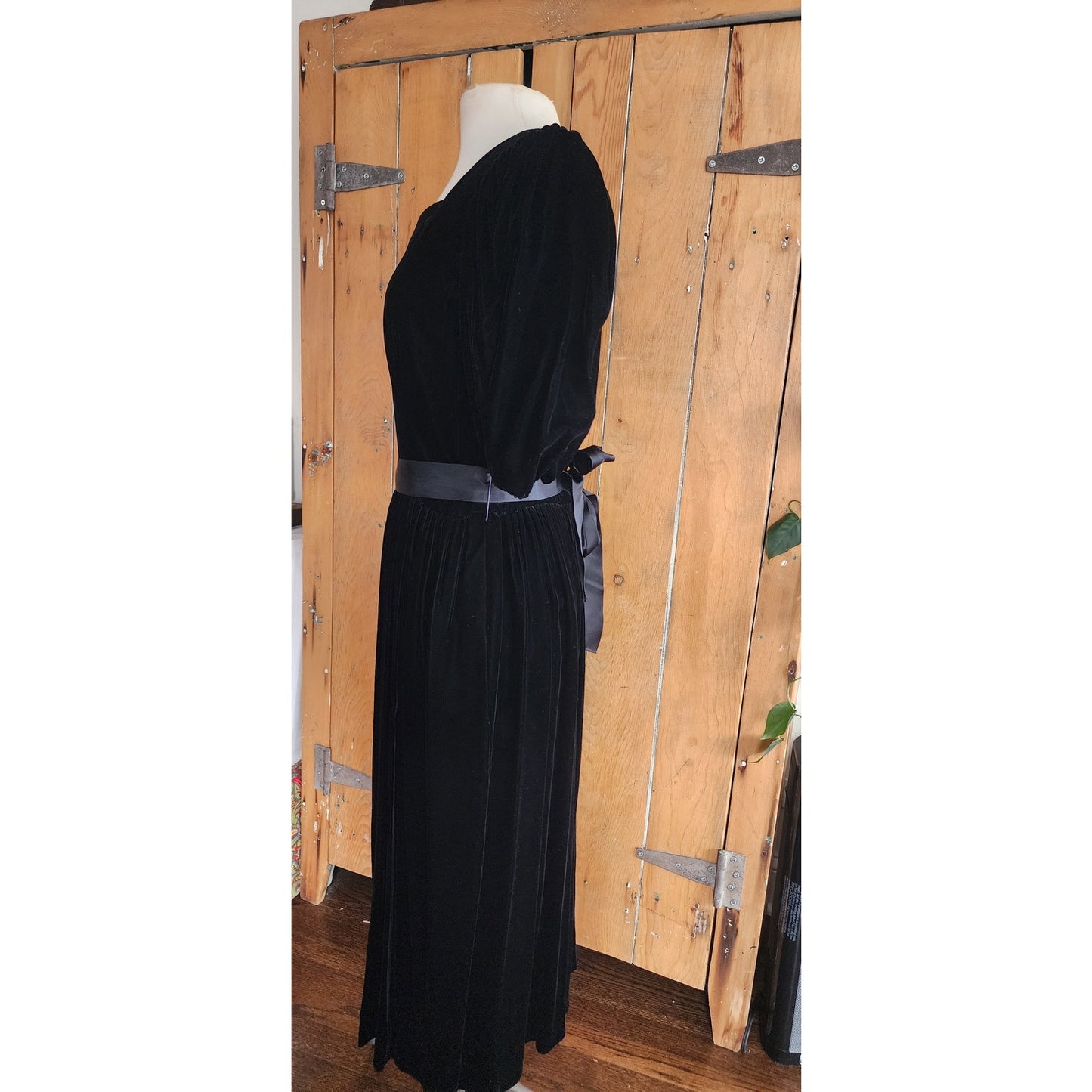 Vintage 80s Black Velvet Party Dress Puffed Sleeves Kappi I Magnin