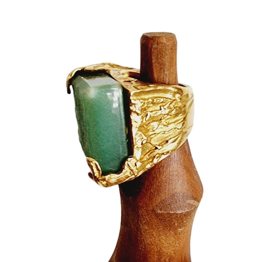 Vintage Yves Saint Laurent Arty Ring Green Aventurine Stone Chunky Gold Base