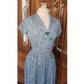 Vintage 1950s Blue Floral Rayon Midi Dress Fit and Flare Short Sleeve / S
