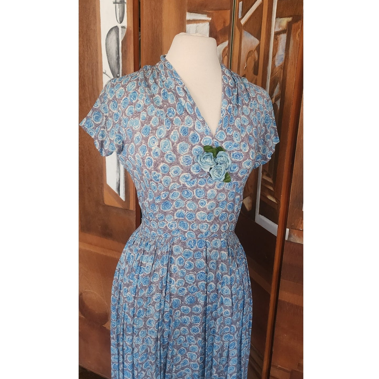 Vintage 1950s Blue Floral Rayon Midi Dress Fit and Flare Short Sleeve / S