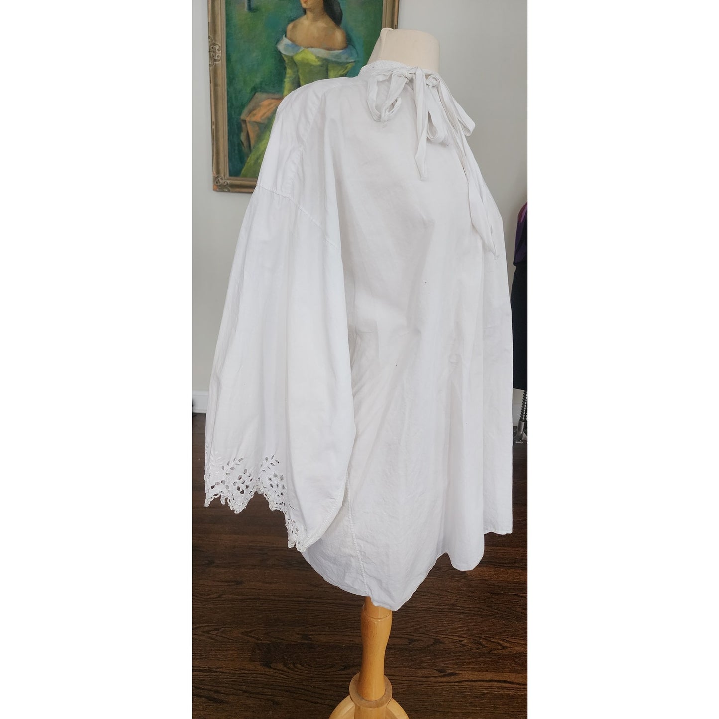 Antique Edwardian Poet's Blouse White Cotton Tunic Shirt w/ Embroidered Crochet Lace Sash Tie