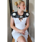 Vintage 80s Dress White Cotton Black Leather w/Cut Outs & Open Back