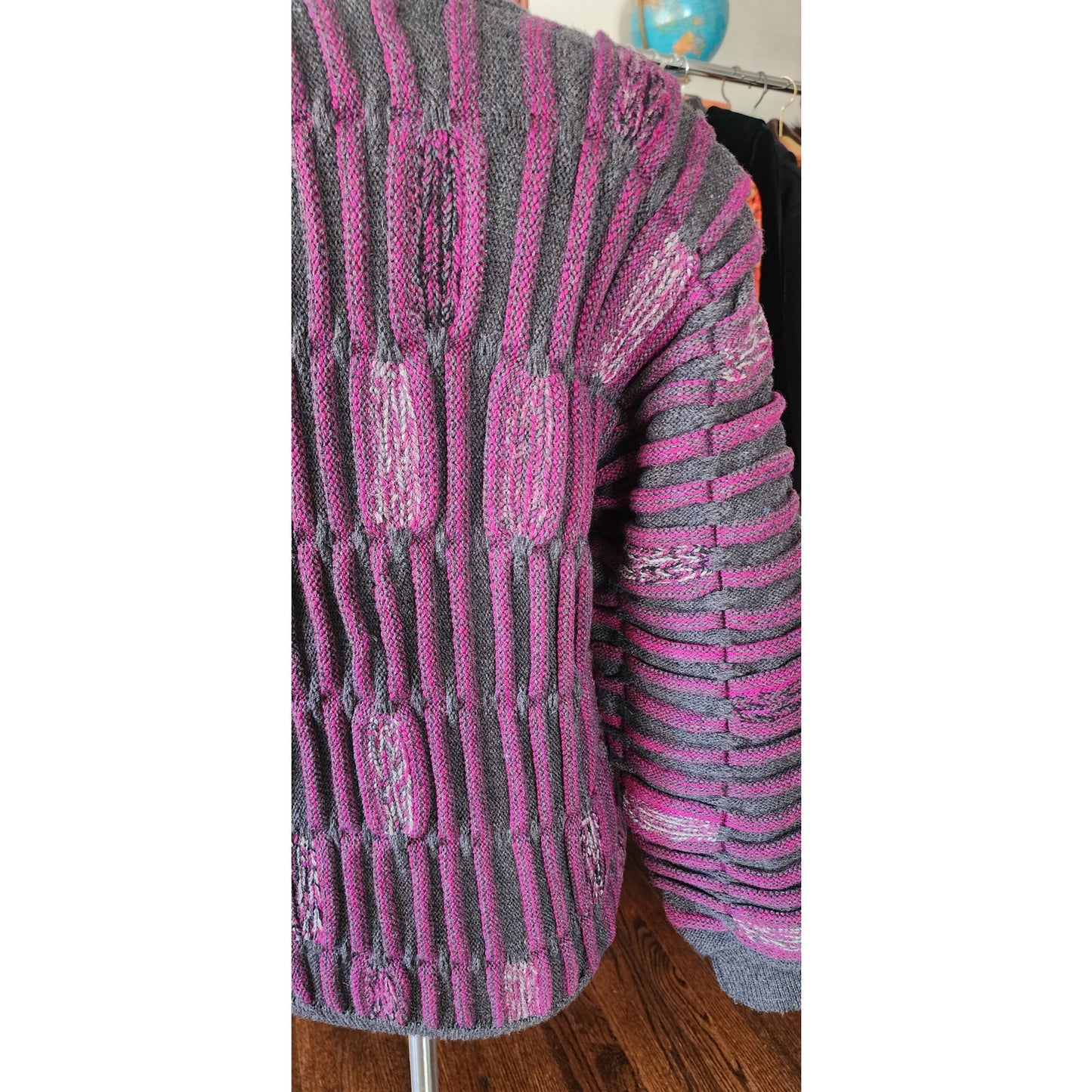 Vintage 1980s Ros Joffe Sweater Mens Purple Black Wool 3D Novelty Knit / M