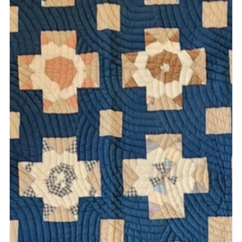 Antique 1800s Quilt Variable Stars Scraps Sampler Crossed Roads Dark Blue w/Cream Crosses