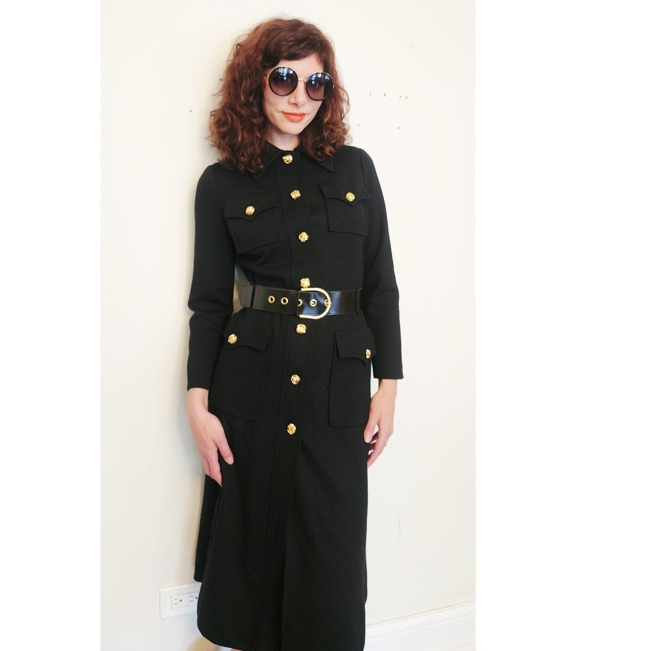 Vintage 1960s Dress Black Knit Wool + Gold Buttons, Belted by Gibi Italy
