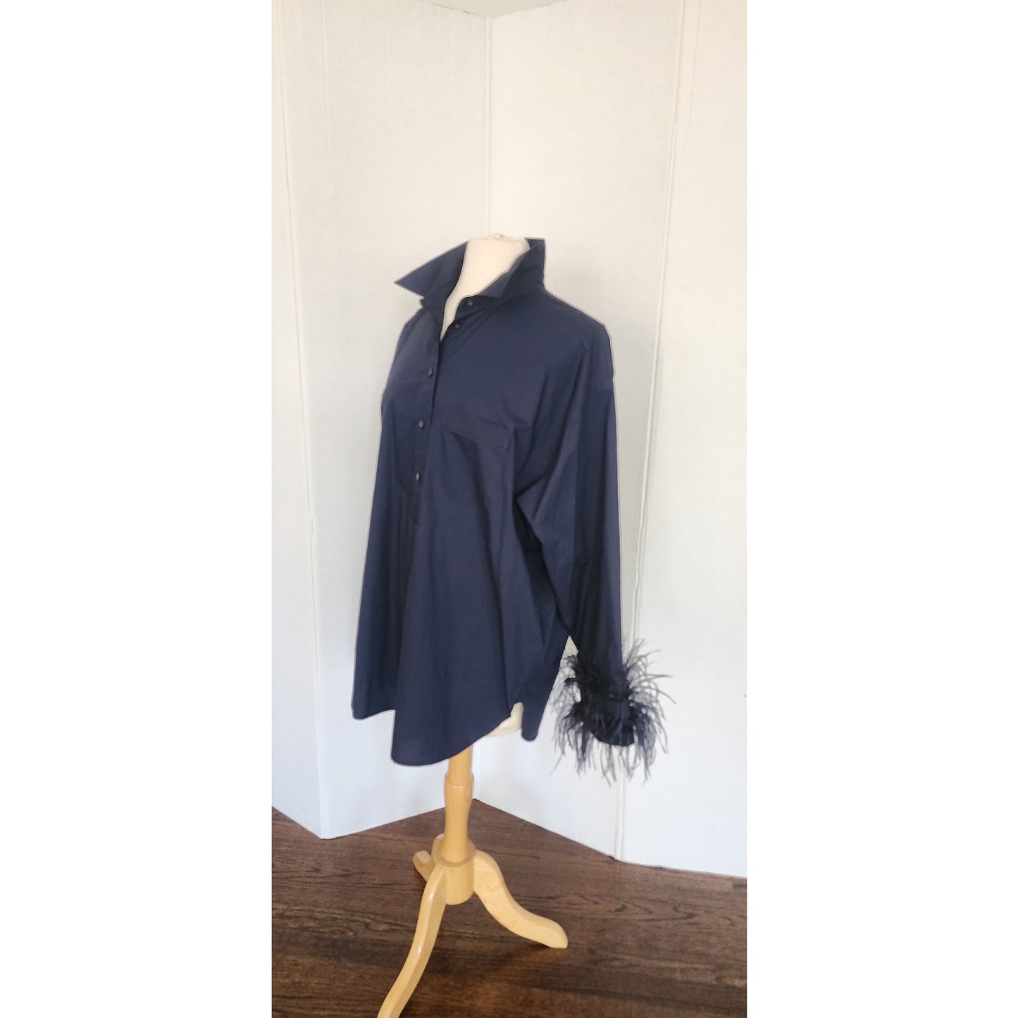 J CREW Navy Blue Cotton Shirt w/Feather Sleeve Cuffs Cotton Poplin Womens Large