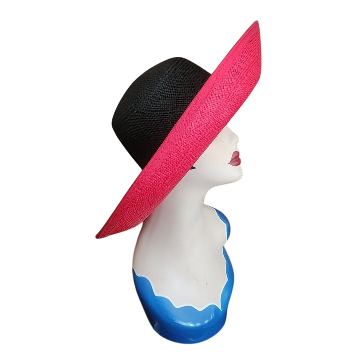 Vintage 1980s Kokin Hat Wide Brim Sun Straw Fuchsia Red Black Summer Oversized