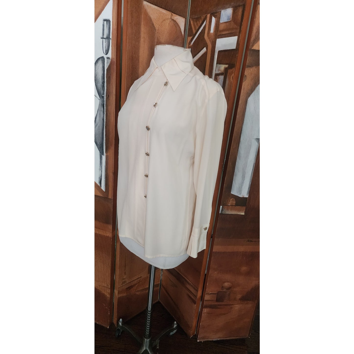Vintage 1980s Karl Lagerfeld Blouse Cream Silk Shirt Asymmetric Button Down S