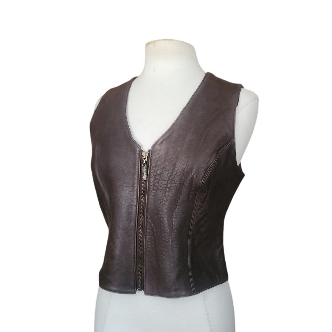 Vintage 1990s Brown Leather Vest Zip Front Karen Kane Vest Fitted Leather Minimalist