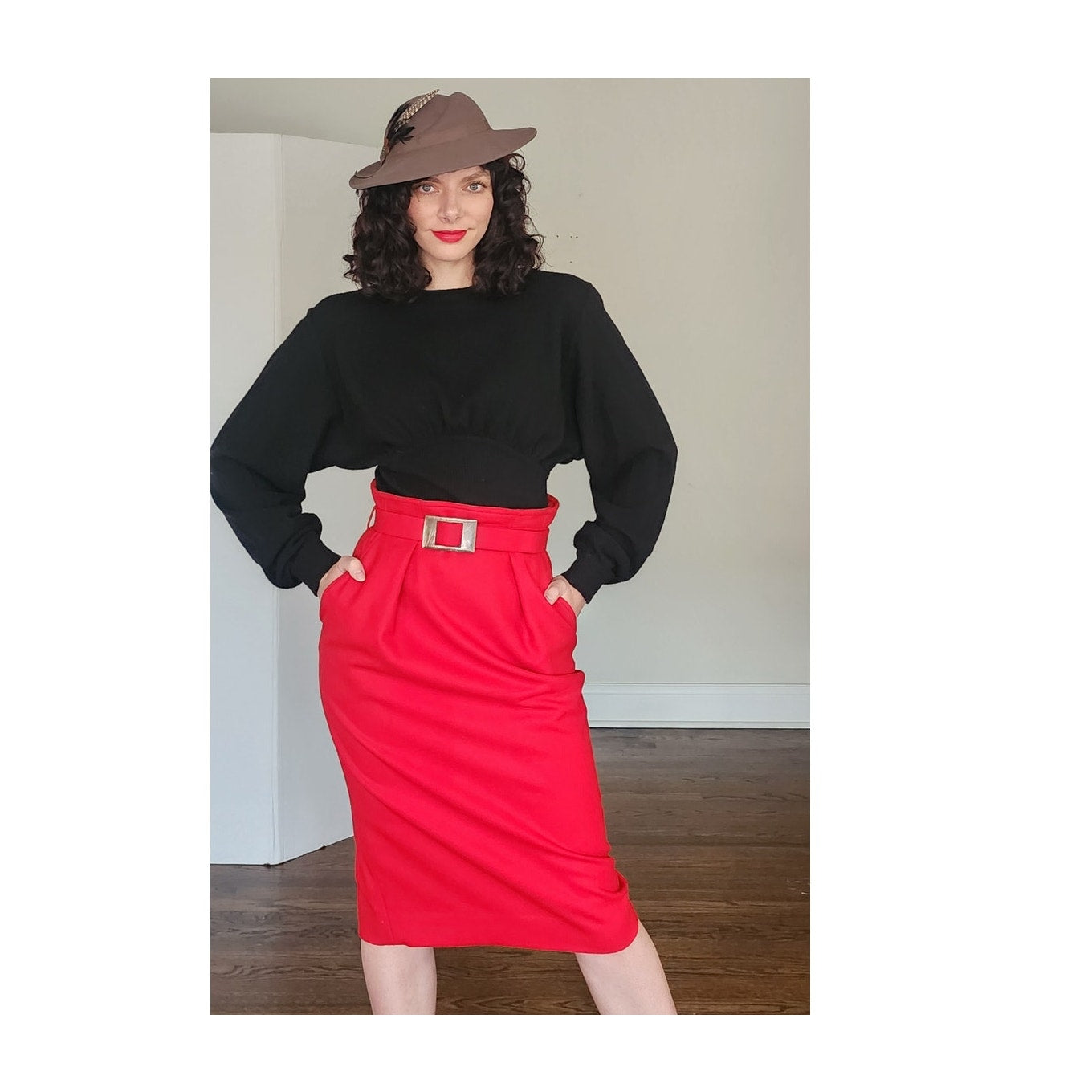 Vintage 1980s Red Wool Knee Skirt Guy Laroche Boutique Paperbag Waist + Belt