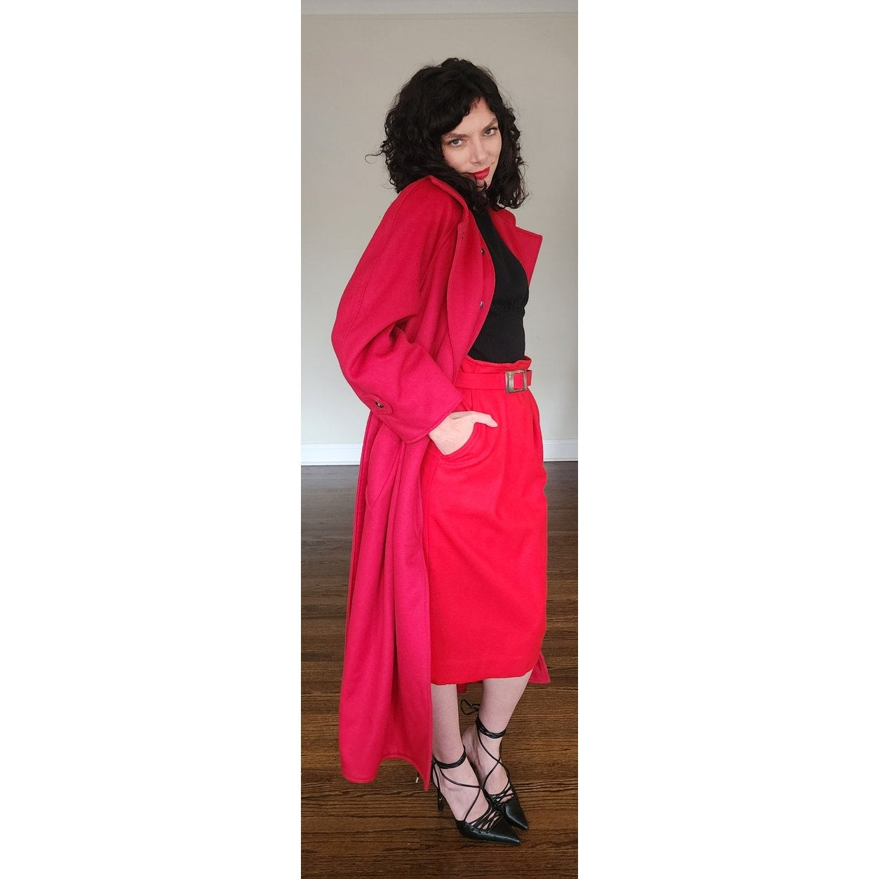 Vintage 1980s Red Wool Coat Long w/Belt Ramosport Paris