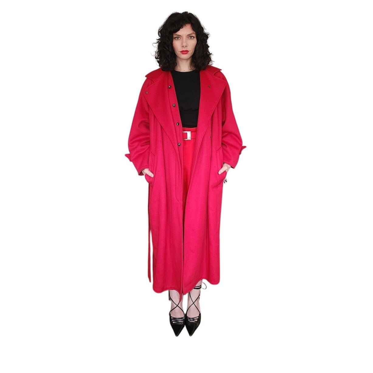 Vintage 1980s Red Wool Coat Long w/Belt Ramosport Paris