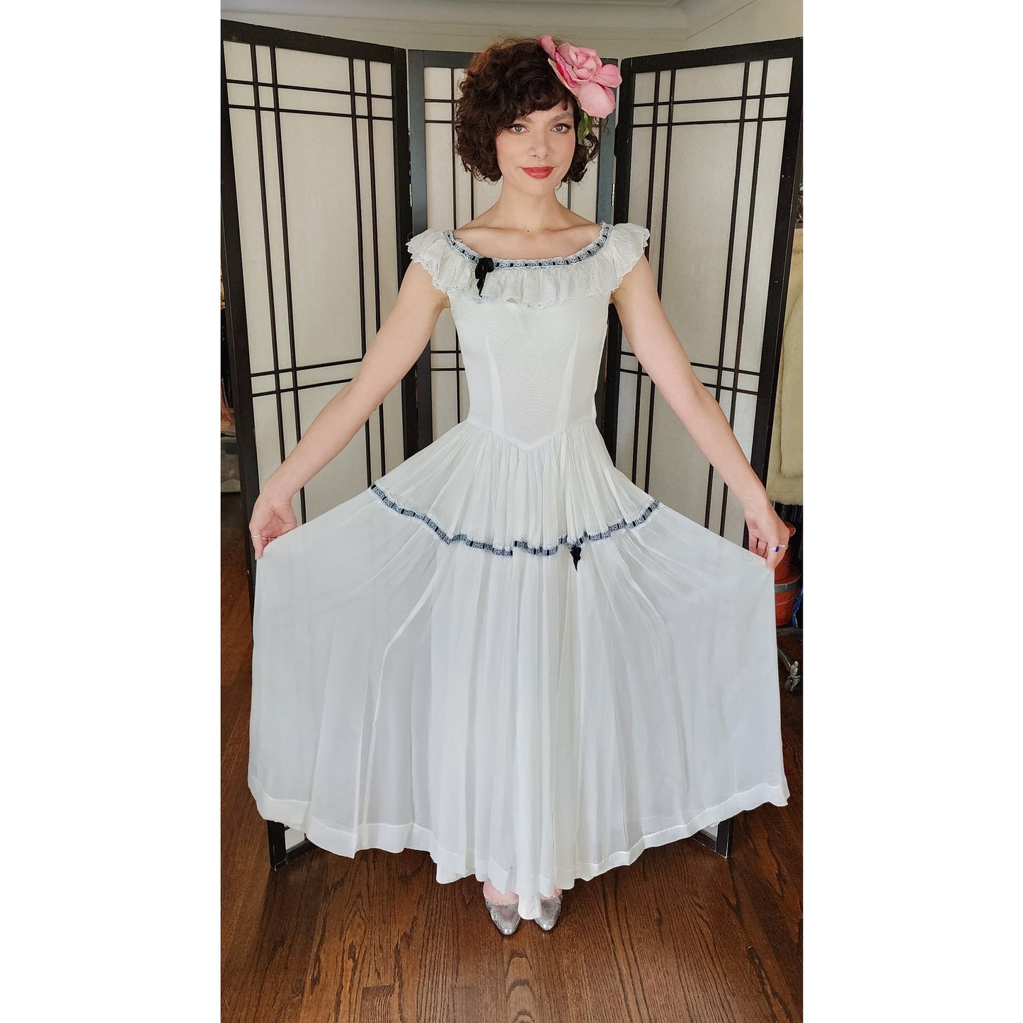 Vintage 30s White Ruffled Evening Dress Black Ribbon Trim