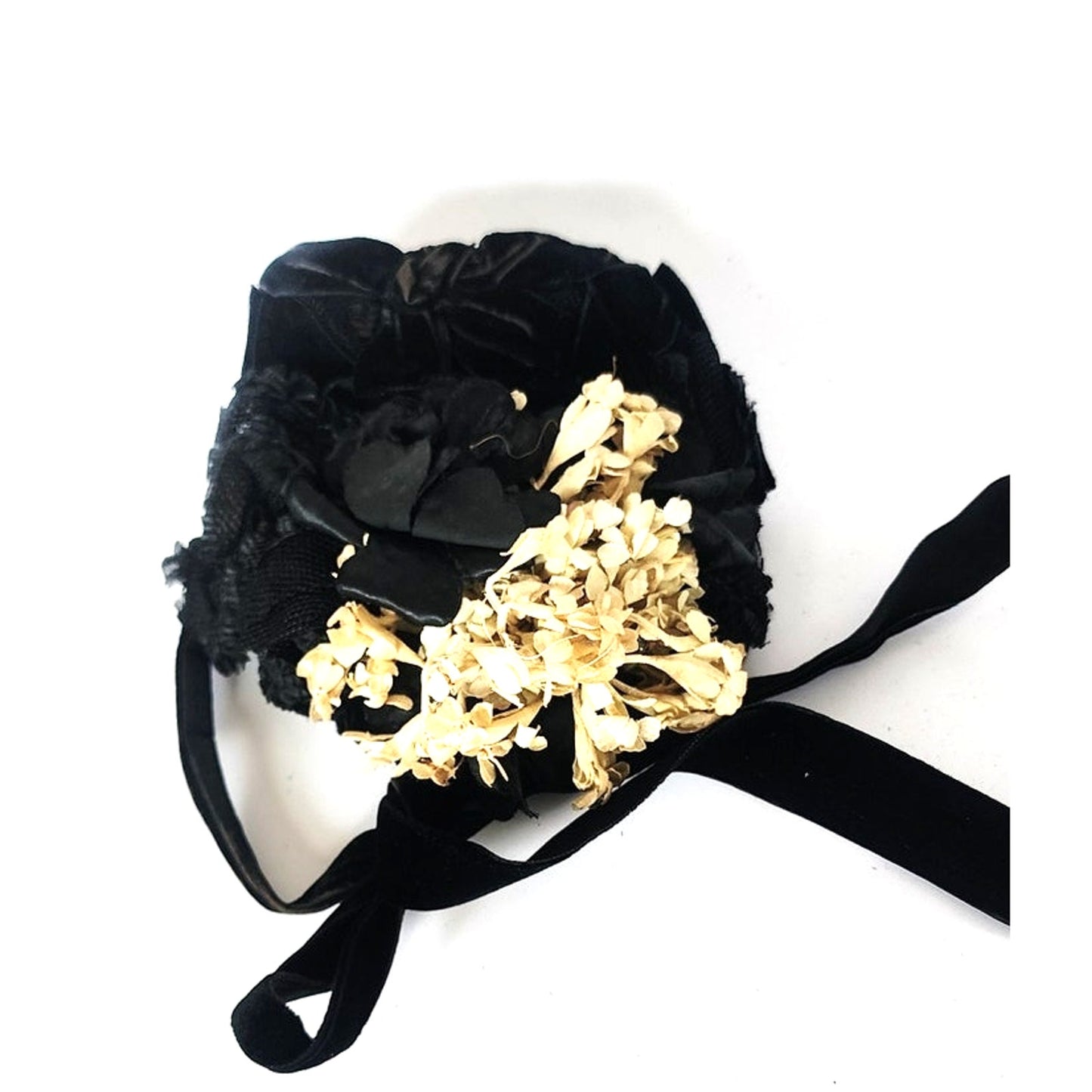 Antique Victorian Hat Black Satin w/Cream Silk Flowers 1800s 19th Century