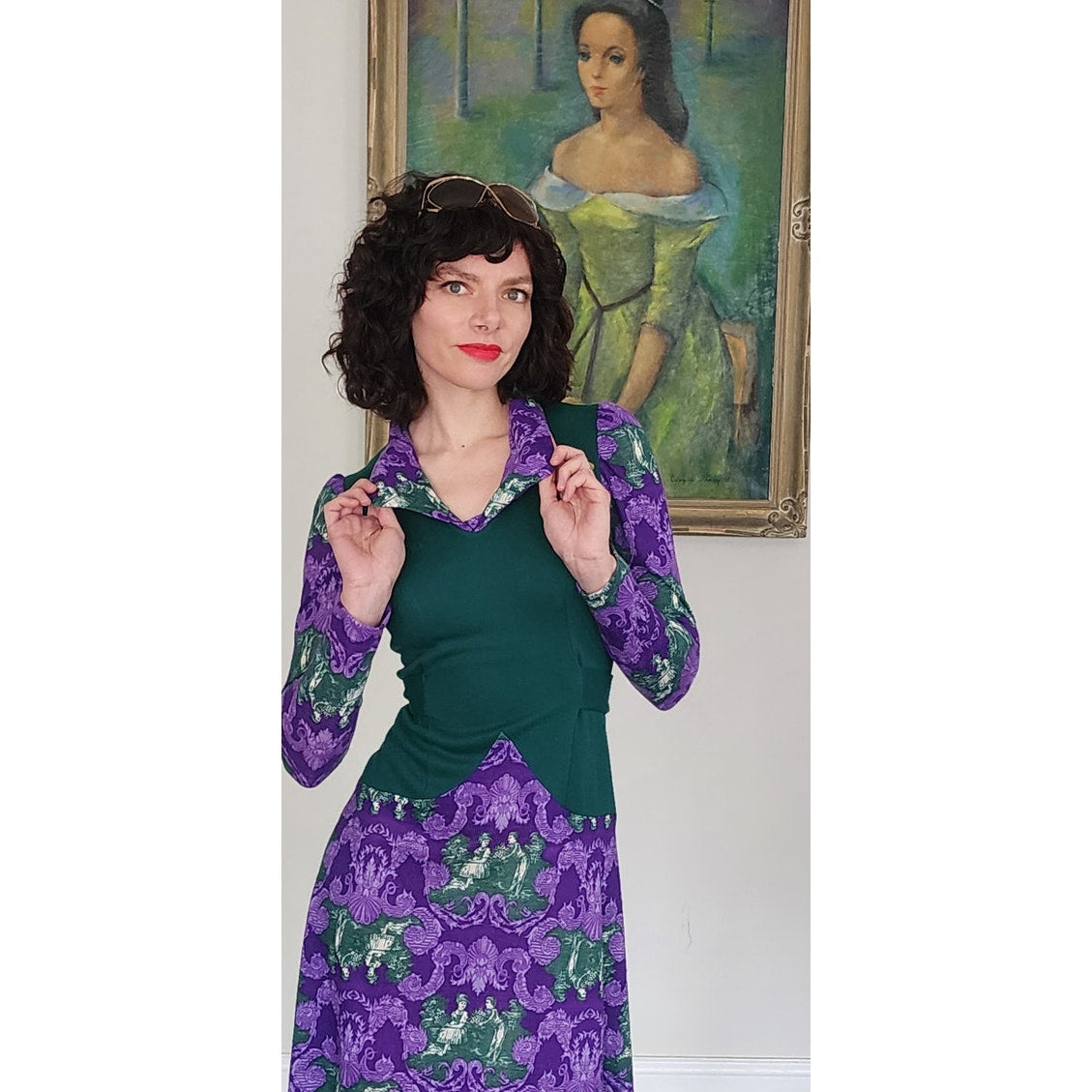 Vintage 70s Maxi Dress Purple & Green French Toile Print Baroque Rococo