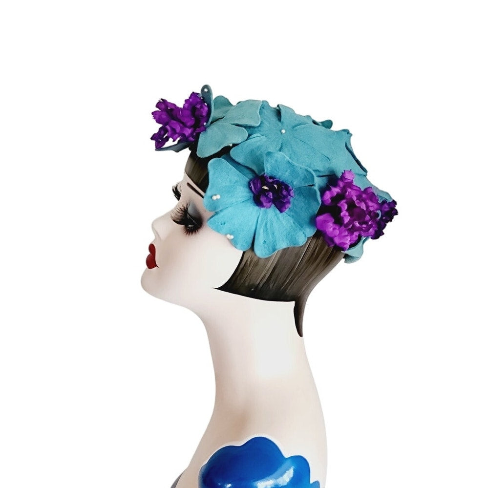Vintage 50s Flower Hat Felt Petals Blue Purple Hattie Carnegie