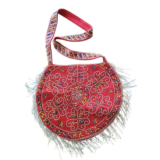 Vintage 70s Red Beaded Boho Crossbody Bag - Multicolor Floral Embroidery - White Fringe