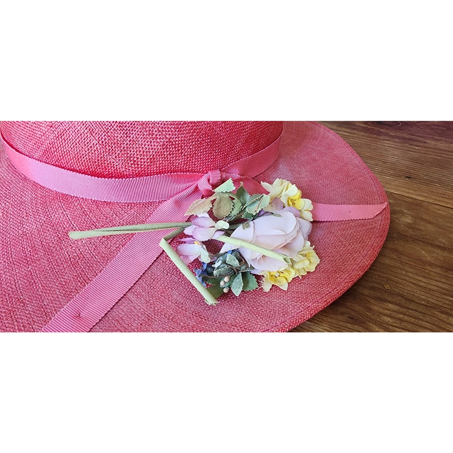 Vintage 90s Herbert Johnson Hat Pink Straw Wide Brim Floral Summer Sunhat