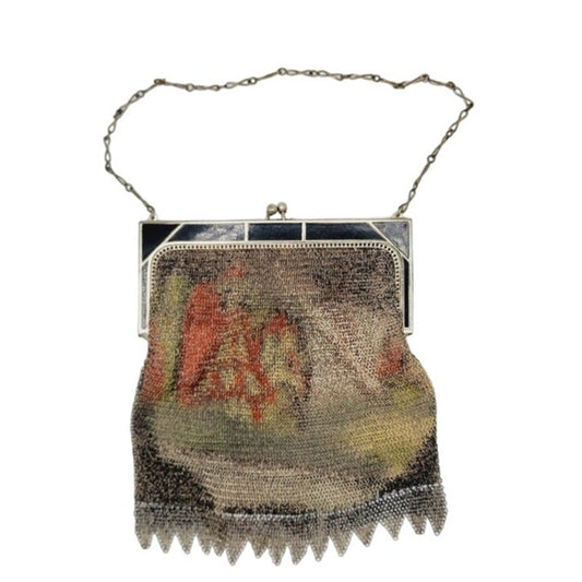 Antique Mesh Chain Purse Whiting Davis Village Scene Enamel Frame