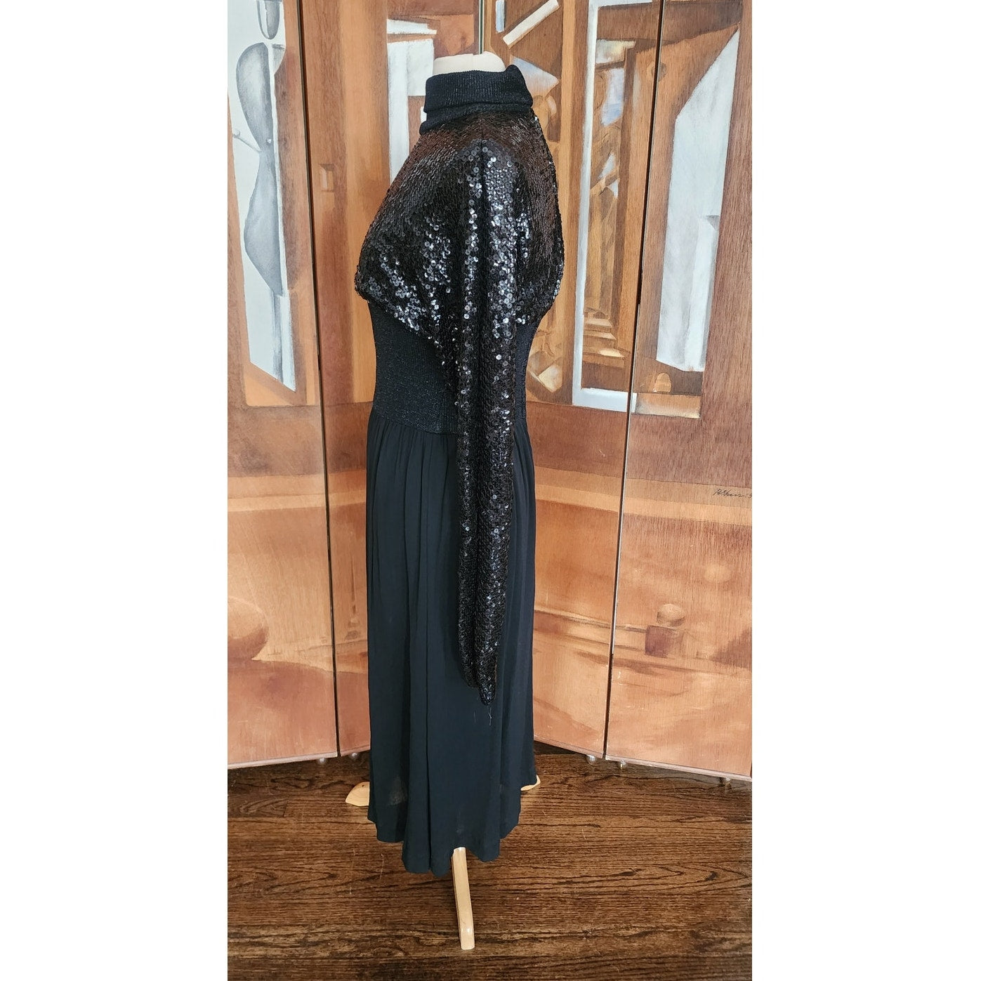 Vintage 70s Pat Sandler Dress Black Sequins, Lurex, Silk Dressy Evening Long Sleeved