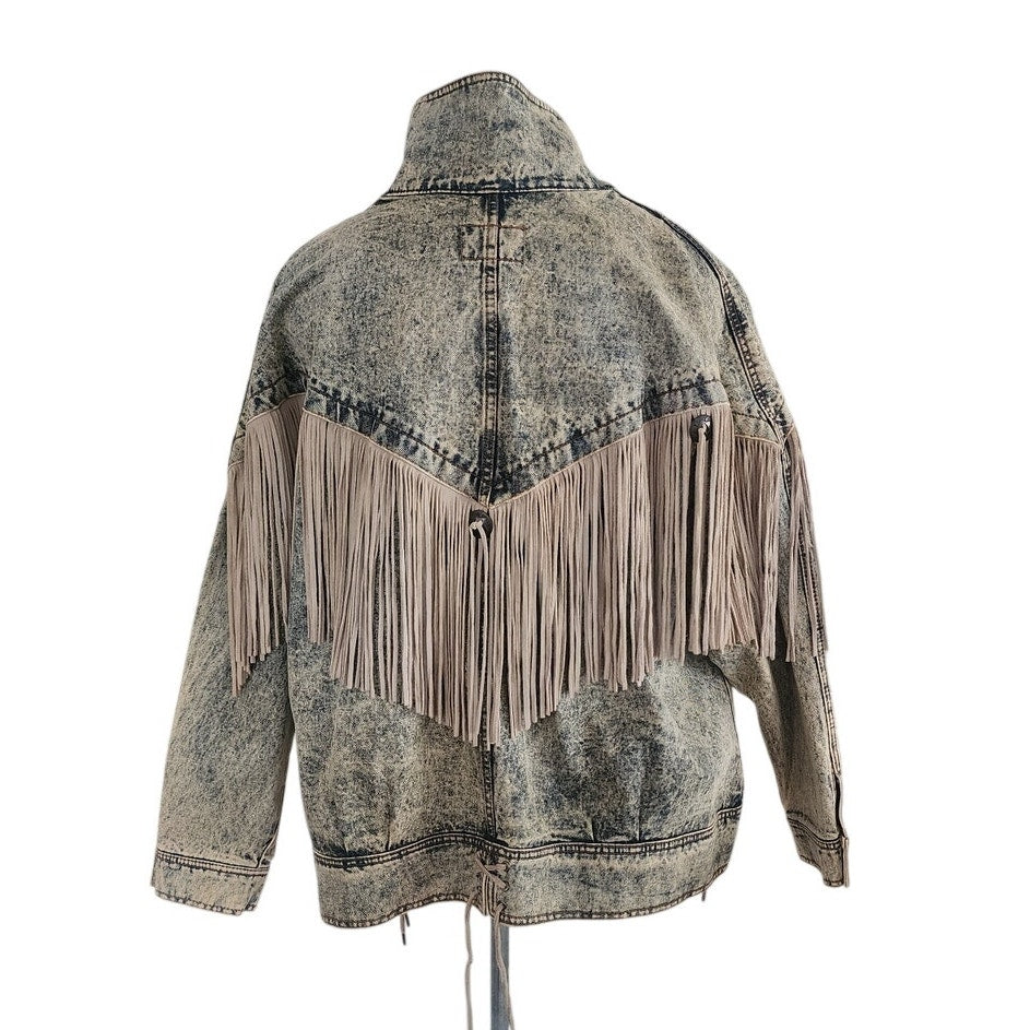 Vintage 80s Rock Creek Trading Co Acid Wash Denim Jacket PLUS SIZE Leather Fringe, Western Style