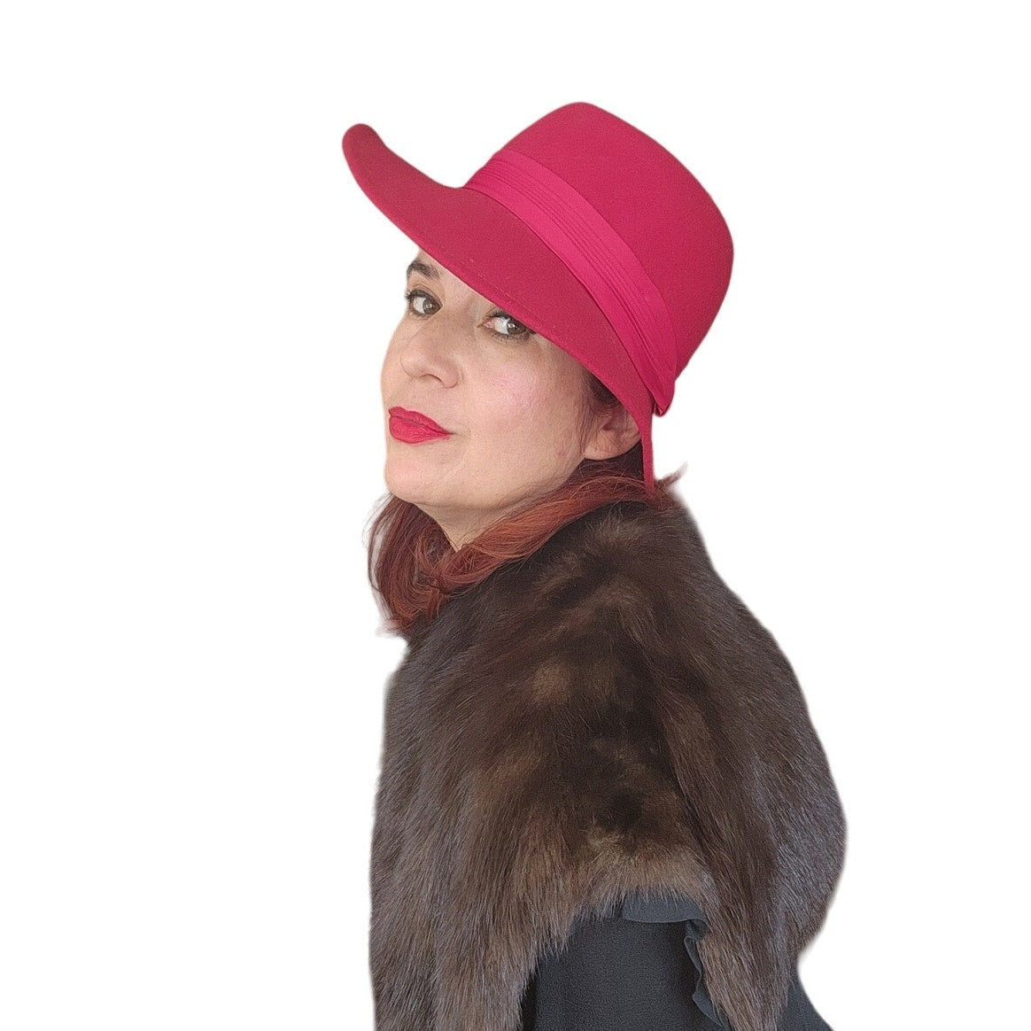70s Raspberry Red Wool Hat Large Brim Betmar