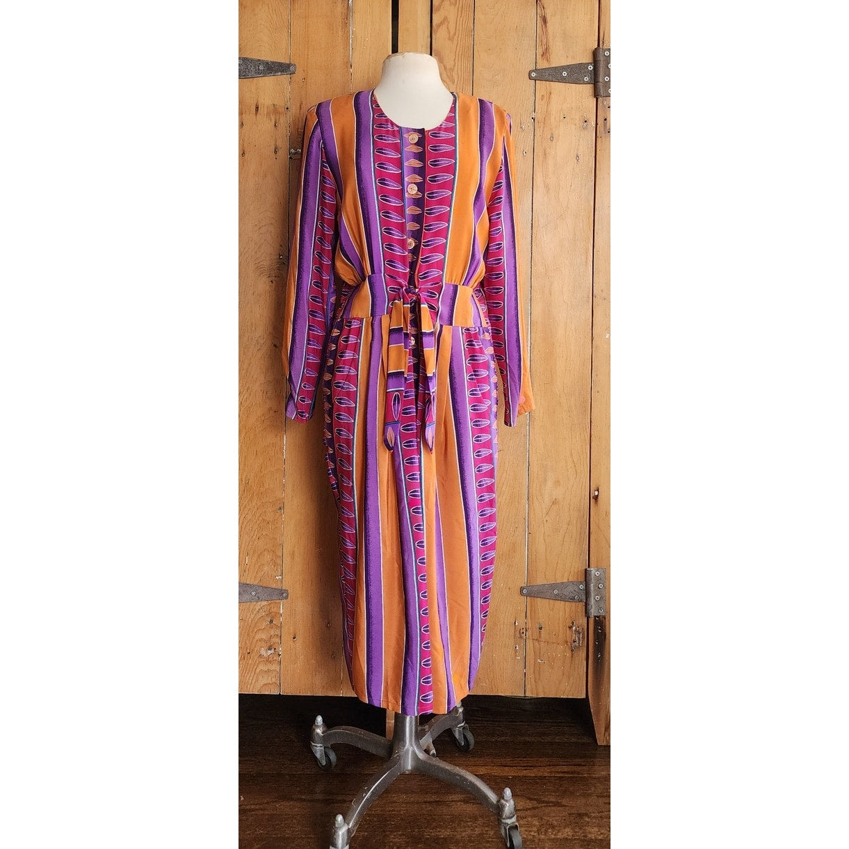 Vintage 1980s Silkprint Dress Purple Orange Stripe Secretary Style Sady King